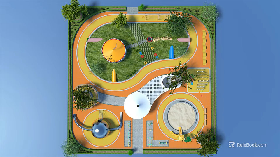 Park Landscape With Children's Playground Curved Orange Paths Sandpit Area Trees White Pavilion And Playground Equipment 3d model 