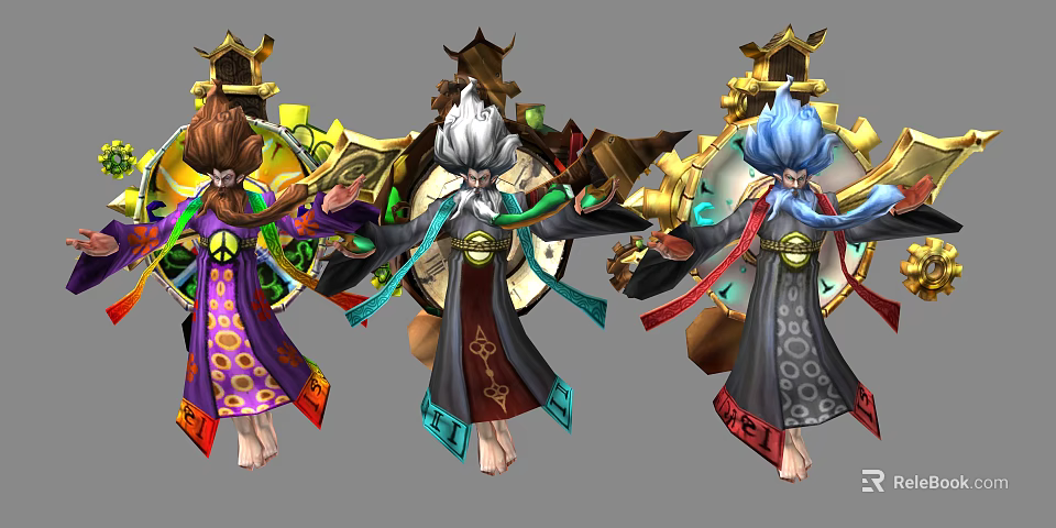 Game Movie Characters With Brown White Blue Hair In Decorative Robes Holding Golden Circular Artifacts 3d model 