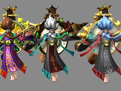 Game Movie Characters With Brown White Blue Hair In Decorative Robes Holding Golden Circular Artifacts 3d model