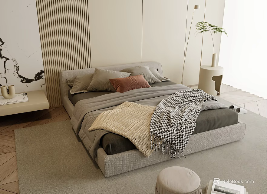 Modern Bedroom Interior With Grey Bed Pillows Throws Vertical Stripe Decor Side Table Plant Rug 3d model 