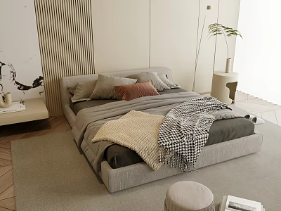 Modern Bedroom Interior With Grey Bed Pillows Throws Vertical Stripe Decor Side Table Plant Rug 3d model