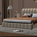 Upholstered Double Bed with Tufted Headboard Beige Comforter Pillows Nightstands Floor Lamp Round Wall Art