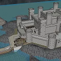 Medieval Castle With Multiple Towers Surrounded By Mountains And Water Scene