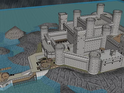 Medieval Castle With Multiple Towers Surrounded By Mountains And Water Scene 3d model