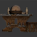 Rustic Wooden Long Table With Carved Edges Legs And Decorative Candles Plus Barrel