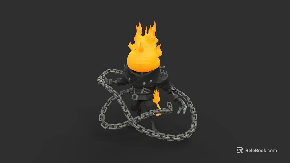 Stylized Cartoon Character With Flaming Head In Black Outfit Entangled In Chains 3d model 