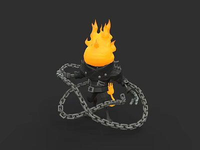 Stylized Cartoon Character With Flaming Head In Black Outfit Entangled In Chains 3d model