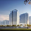Modern High Rise Residential Buildings Exterior With Greenery And Roads