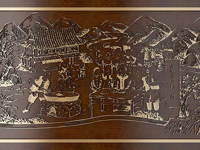 Traditional Chinese Wooden Carving with Scenic Mountain Village and Human Activities 3d model