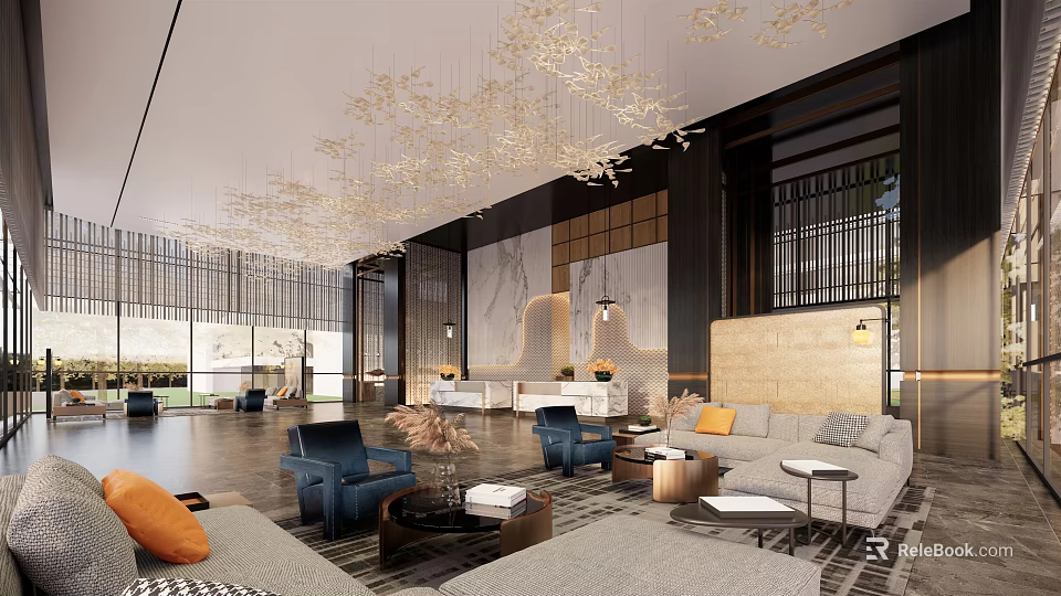 Elegant Hotel Lobby Interior Design With Luxurious Chandelier Comfortable Sofas And Modern Decor 3d model 