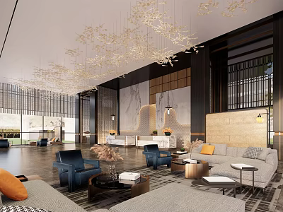 Elegant Hotel Lobby Interior Design With Luxurious Chandelier Comfortable Sofas And Modern Decor 3d model
