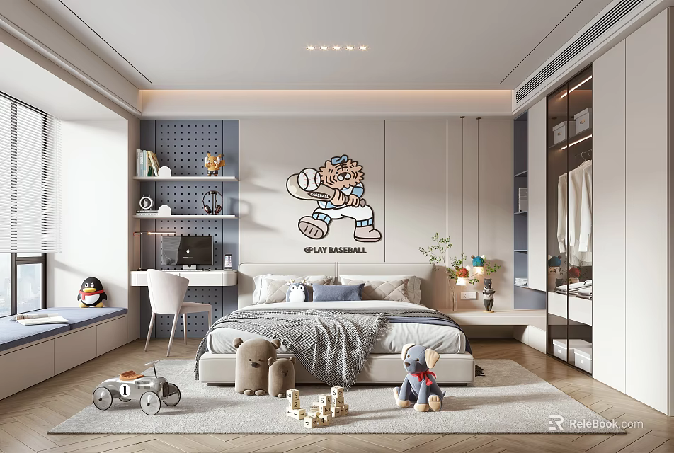 Modern Kids Room Interior With Bed Desk Shelves Toys And Cartoon Sticker 3d model 