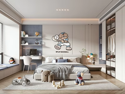 Modern Kids Room Interior With Bed Desk Shelves Toys And Cartoon Sticker 3d model