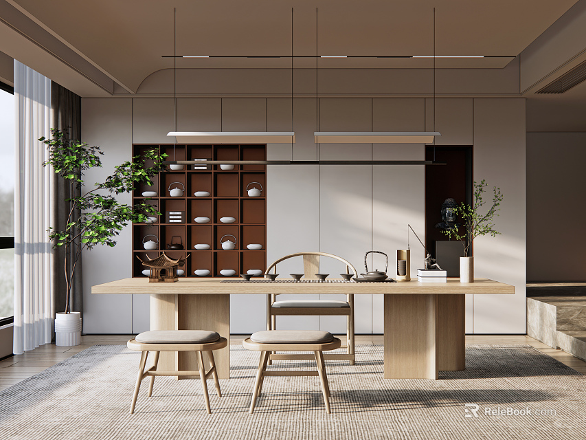 Modern Tea Room Interior With Wooden Table Stools Open Shelves Green Plants And Natural Light 3d model 