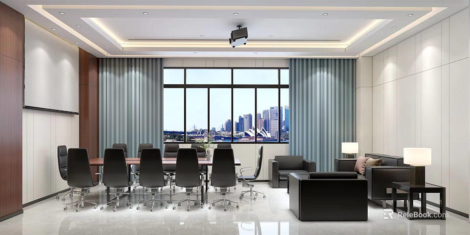 Modern Conference Room Interior With Large Windows City Skyline View Projector And Sofa 3d model 
