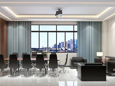 Modern Conference Room Interior With Large Windows City Skyline View Projector And Sofa 3d model