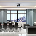 Modern Conference Room Interior With Large Windows City Skyline View Projector And Sofa