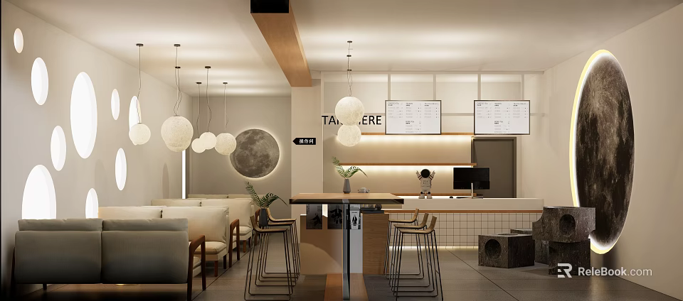 Cozy Modern Bubble Tea Shop Interior With Hanging Lantern Lights Counter Bar And Menu Screens 3d model 