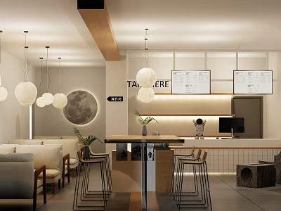 Cozy Modern Bubble Tea Shop Interior With Hanging Lantern Lights Counter Bar And Menu Screens 3d model