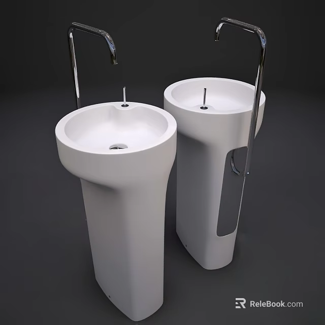 Two Modern White Pedestal Washbasins With Chrome Faucets In Dark Setting 3d model 