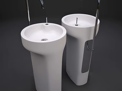 Two Modern White Pedestal Washbasins With Chrome Faucets In Dark Setting 3d model