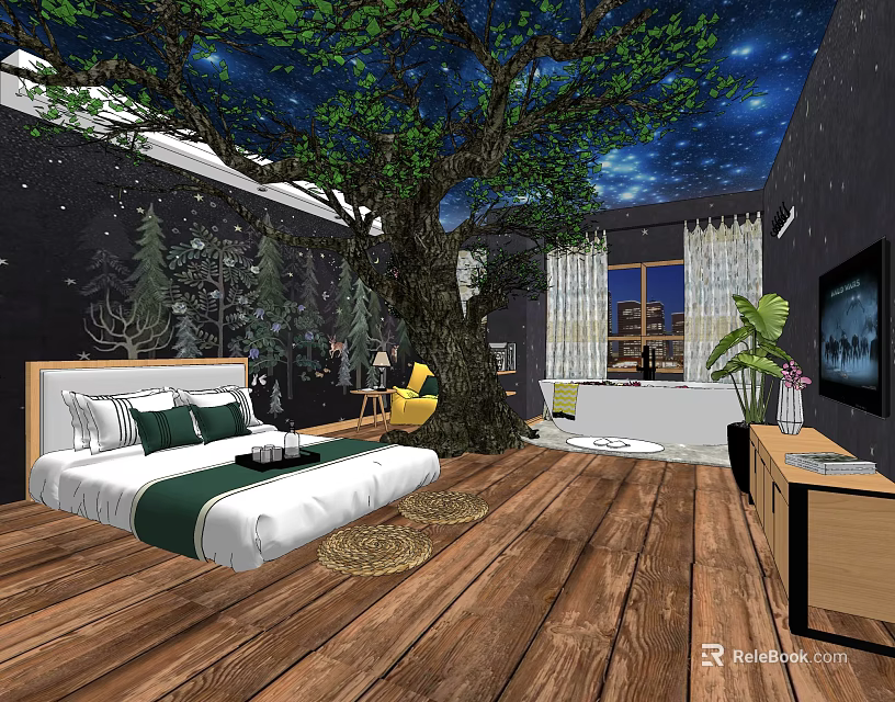 Hotel Room Interior With Starry Sky Ceiling Large Tree Wooden Floor Bed And Bathtub 3d model 
