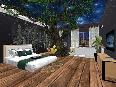 Hotel Room Interior With Starry Sky Ceiling Large Tree Wooden Floor Bed And Bathtub 3d model
