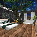 Hotel Room Interior With Starry Sky Ceiling Large Tree Wooden Floor Bed And Bathtub