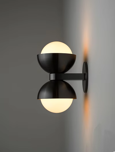 Modern Wall Lamp with Black Metal Frame and Spherical Warm Light Shades 3d model