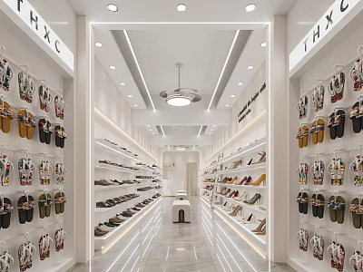Spacious Footwear Store Interior With Variety of Shoes Displayed on Walls and Shelves 3d model