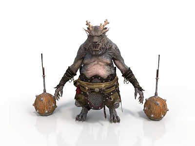 Man With Horns And Chubby Body In Leather Armor With Spiked Balls And Spears 3d model