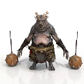 Man With Horns And Chubby Body In Leather Armor With Spiked Balls And Spears
