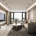 Modern Living And Dining Room Interior With Sofa Coffee Table Marble TV Wall And Plants