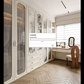 Luxurious Walk in Closet with White Cabinets Patterned Glass Doors Drawers and Herringbone Wooden Floor