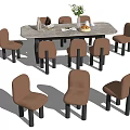 Modern Dining Table Set with Beige Upholstered Chairs Marble Tabletop and Decorative Vase Fruit Bowl