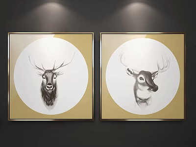 Animal Paintings Featuring Two Golden Framed Circular Deer Head Portraits on Dark Wall with Lighting 3d model