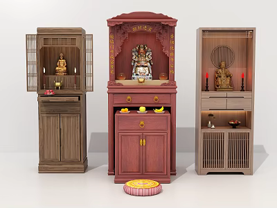 Buddhist Shrine Cabinets in Red Brown Light Wood with Buddha Statues and Offerings 3d model