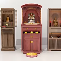 Buddhist Shrine Cabinets in Red Brown Light Wood with Buddha Statues and Offerings