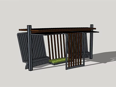 Wooden Slatted Pergola With Side Benches And Central Green Turf Area 3d model