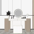 Modern Elegant Dressing Table With Round Lit Mirror Flowers In Vase And Striped Stool