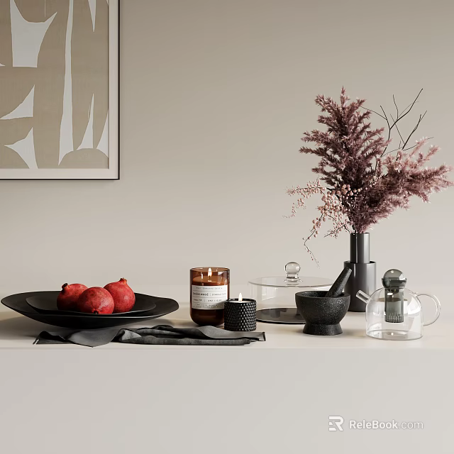 Elegant Modern Decorative Ornament Set With Pomegranates Candle Dried Floral Mortar Glass Jug And Wall Art 3d model 