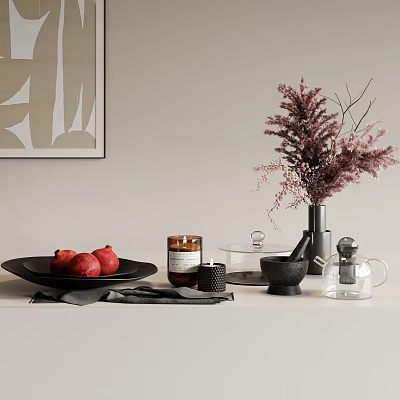 Elegant Modern Decorative Ornament Set With Pomegranates Candle Dried Floral Mortar Glass Jug And Wall Art 3d model