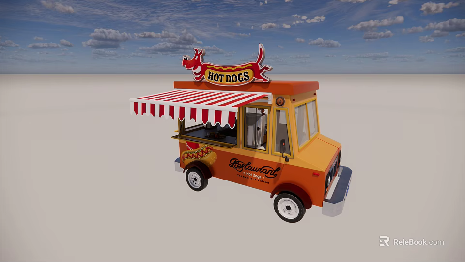 Orange Food Truck With Hot Dogs Sign And Striped Awning 3d model 