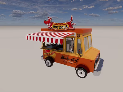 Orange Food Truck With Hot Dogs Sign And Striped Awning 3d model