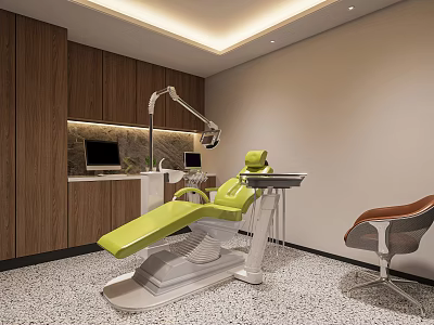 Modern Dental Clinic Interior With Green Chair Waiting Chair Wooden Cabinets And Equipment 3d model