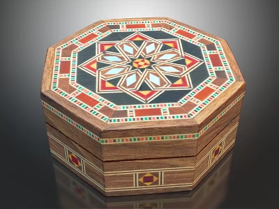 Ornamental Octagonal Wooden Tabletop Decor Box With Colorful Inlaid Geometric Flower Pattern 3d model