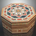 Ornamental Octagonal Wooden Tabletop Decor Box With Colorful Inlaid Geometric Flower Pattern