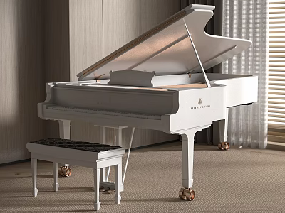 Elegant White Grand Piano With Matching Stool Light Colored Walls Curtains And Carpeted Floor 3d model