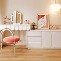 Modern White Dressing Table With Mirror Cosmetics Pink Cushion Chair And Drawer Cabinet