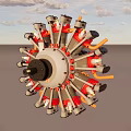 Radial Aircraft Engine With Multiple Red Gray Cylinders And Mechanical Parts 3d model